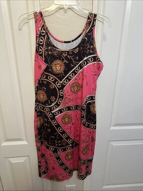 Pink and Black Patterned Midi Dress with Medallion Motif